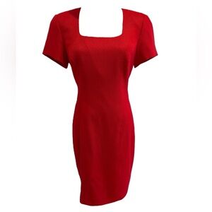 80s LIZ CLAIBORNE RED SQUARE NECKLINE FITTED SHORT SLEEVED SHEATH DRESS SZ 10P